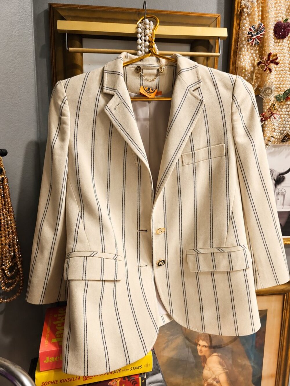 New Tory Burch Striped Jacket Blazer Size 2 cotton beige